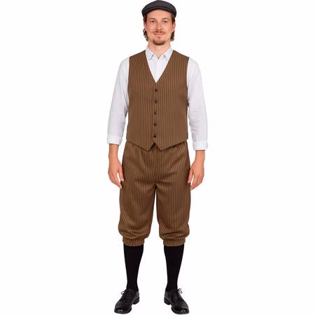 20er Jahre Kostüm Hans Knickerbocker & Weste für Herren Gr. 48-58 Braun Vintage Nostalgie Fasching Karneval Mottoparty Mann in braun gestreifter Knickerbocker mit Weste, weißem Hemd und Schirmmütze von Vorne.