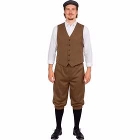 20er Jahre Kostüm Hans Knickerbocker & Weste für Herren Gr. 48-58 Braun Vintage Nostalgie Fasching Karneval Mottoparty Mann in braun gestreifter Knickerbocker mit Weste, weißem Hemd und Schirmmütze von Vorne.