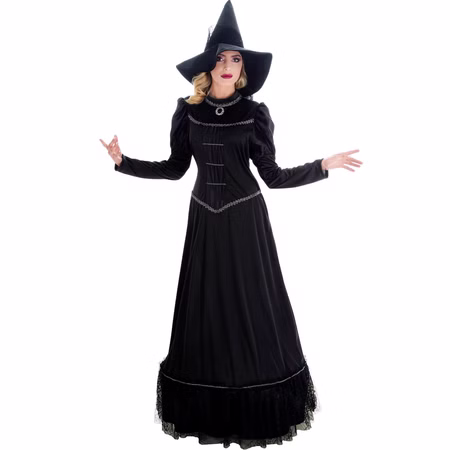 Schwarze Halloween Hexe Morwenna Gothic mit Hexenhut für Damen Gr. S-XL Hexenkleid mit Hut Fasching Karneval Mottoparty Schwarzes Hexenkleid mit langen Ärmeln und passendem Hexenhut für Damen von Vorne.