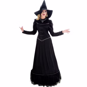 Schwarze Halloween Hexe Morwenna Gothic mit Hexenhut für Damen Gr. S-XL Hexenkleid mit Hut Fasching Karneval Mottoparty Schwarzes Hexenkleid mit langen Ärmeln und passendem Hexenhut für Damen von Vorne.