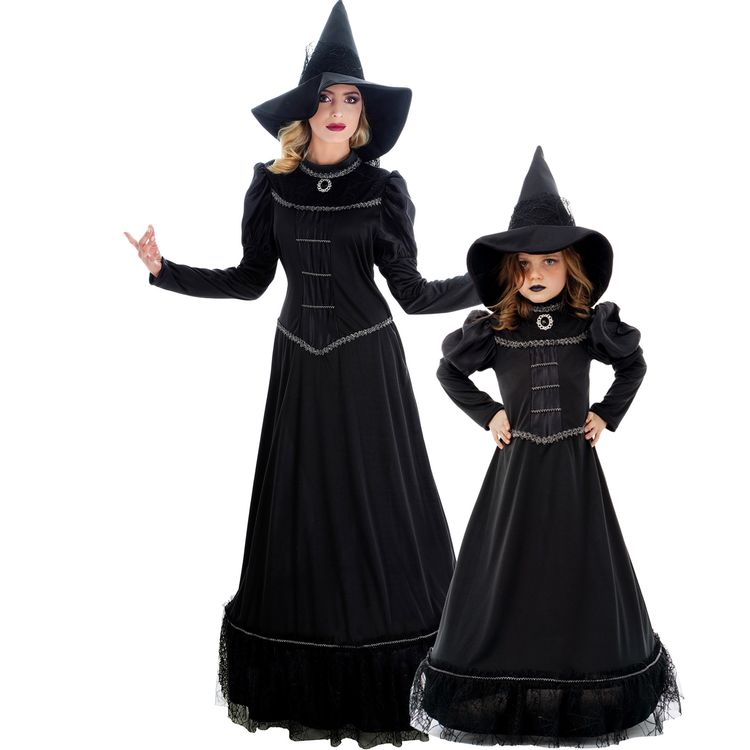 Schwarze Halloween Hexe Morwenna Gothic mit Hexenhut für Damen Schwarzes Hexenkleid mit langen Ärmeln und passendem Hexenhut für Damen von Vorne.