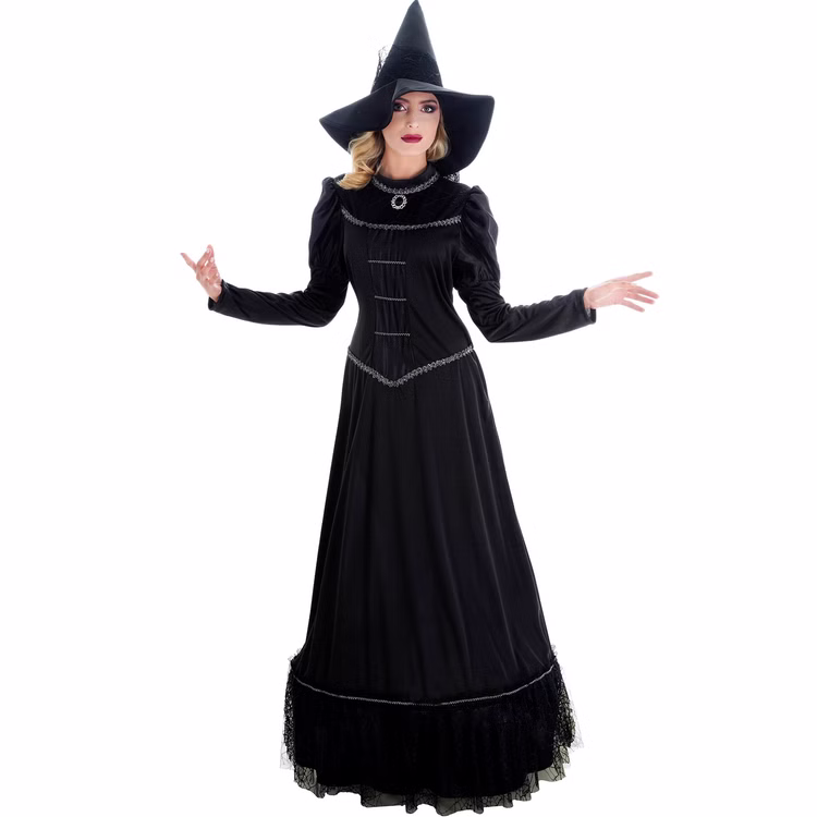 Schwarze Halloween Hexe Morwenna Gothic mit Hexenhut für Damen Gr. S-XL Hexenkleid mit Hut Fasching Karneval Mottoparty Schwarzes Hexenkleid mit langen Ärmeln und passendem Hexenhut für Damen von Vorne.