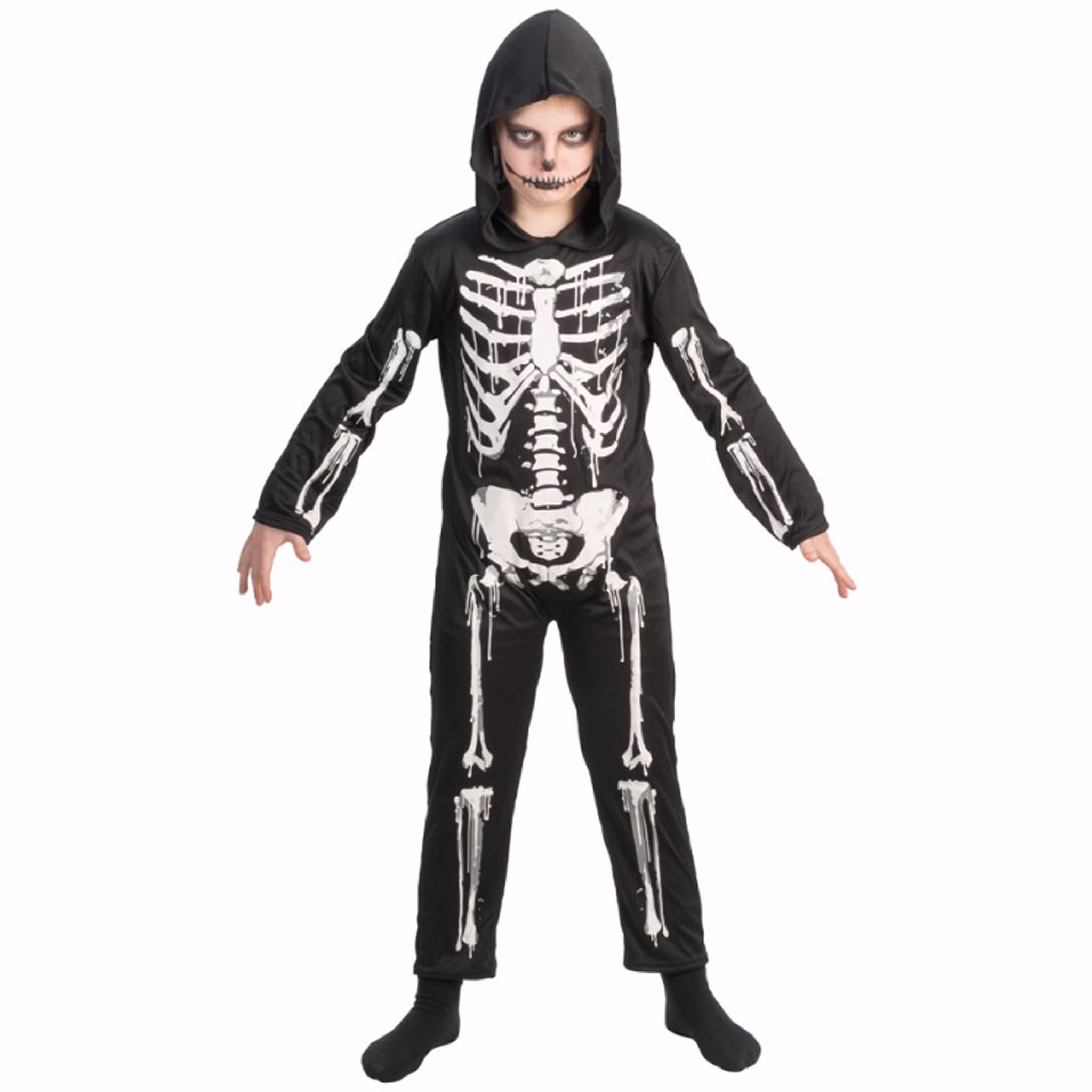 Skelett Kostüm Halloween Knochen Ribsy für Kinder Gr. 128-152 Fasching Karneval Mottoparty Junge im schwarzen Overall, der mit weißen Knochenteilen bedruckt ist von Vorne. Der Junge hat die Kapuze des Overalls auf dem Kopf.