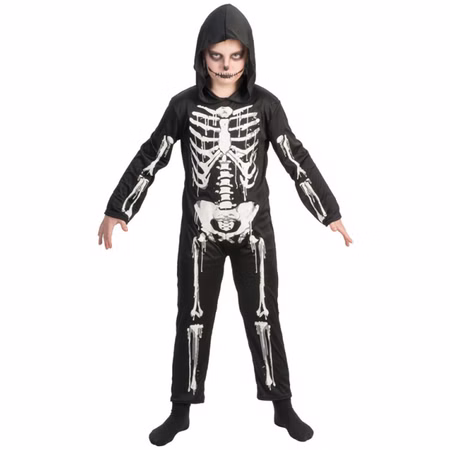 Skelett Kostüm Halloween Knochen Ribsy für Kinder Gr. 128-152 Fasching Karneval Mottoparty Junge im schwarzen Overall, der mit weißen Knochenteilen bedruckt ist von Vorne. Der Junge hat die Kapuze des Overalls auf dem Kopf.