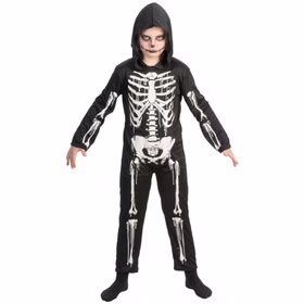 Skelett Kostüm Halloween Knochen Ribsy für Kinder Gr. 128-152 Fasching Karneval Mottoparty Junge im schwarzen Overall, der mit weißen Knochenteilen bedruckt ist von Vorne. Der Junge hat die Kapuze des Overalls auf dem Kopf.