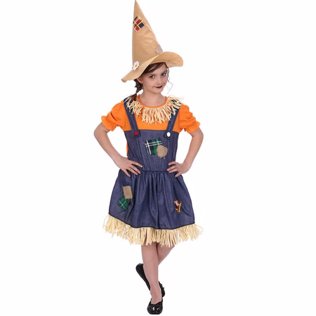 Vogelscheuchen Kostüm Halloween Strohpuppe Leni mit Hut für Kinder Gr. 116-152 Fasching Karneval Mottoparty Mädchen im Vogelscheuchen Kostüm mit Hut von Vorne.