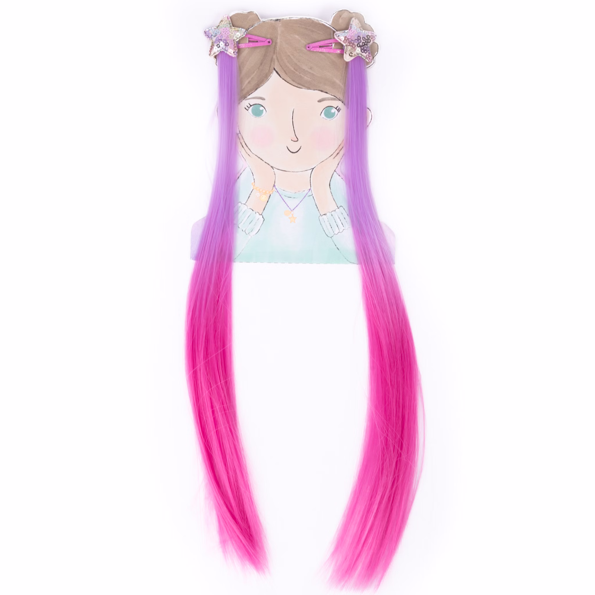 Zwei lila-pinke Haarsträhnen mit Stern-Haarclips, präsentiert auf einer Kinder-Illustrationskarte.