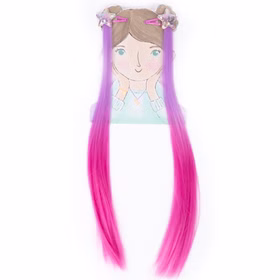 Bunte Haarsträhnen mit Clip 8 Stück Pink & Lila Prinzessin Fee Extensions für Kinder Geschenkidee Geburtstag Fasching Karneval Rollenspiel Verkleidung Zwei lila-pinke Haarsträhnen mit Stern-Haarclips, präsentiert auf einer Kinder-Illustrationskarte.