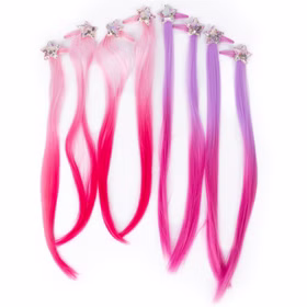 Bunte Haarsträhnen mit Clip 8 Stück Pink & Lila Prinzessin Fee Extensions für Kinder Geschenkidee Geburtstag Fasching Karneval Rollenspiel Verkleidung 8 bunte Haarsträhnen in Pink und Lila mit glitzernden Stern-Haarspangen zum Einklipsen für Kinder.