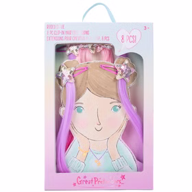 Bunte Haarsträhnen mit Clip 8 Stück Pink & Lila Prinzessin Fee Extensions für Kinder Geschenkidee Geburtstag Fasching Karneval Rollenspiel Verkleidung Verpackung mit mädchenhaftem Design der bunten Haarsträhnen für Kinder von Vorne.