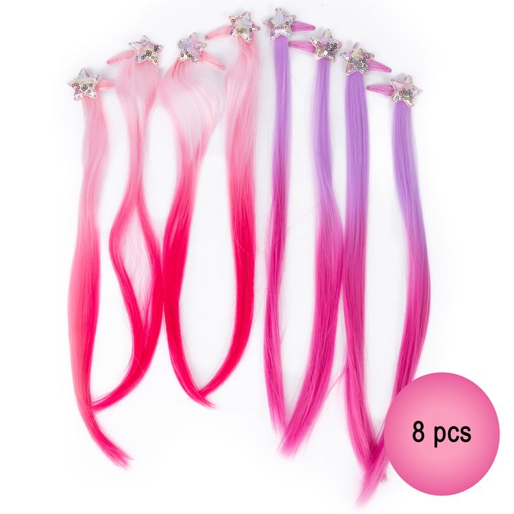 Bunte Haarsträhnen in Pink und Lila mit glitzernden Stern-Haarspangen zum Einklipsen für Kinder mit dem dem Hinweis, dass es sich um 8 Stück handelt.