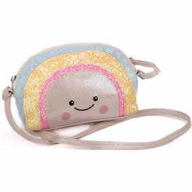 Handtasche Happy Rainbow mit Glitzer Tasche mit Reißverschluss für Kinder Kostüm-Zubehör Fasching Karneval Mottopaarty Kindergeburtstag Alltag Handtasche mit Regenbogen und kleinem Gesicht bedruckt für Kinder von Vorne.