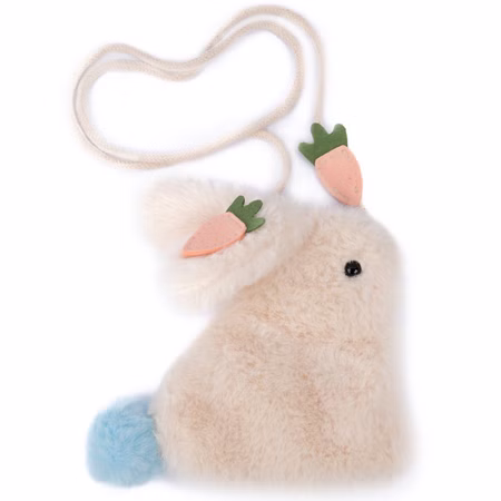 Hasen Handtasche Hoppler Flocke weiße Plüsch Tasche Ostern für Kinder Ostern Ostergeschenk Kostüm-Zubehör Fasching Karneval Mottoparty Rollenspiele Plüsch-Handtasche in Hasenform mit Karotten-Applikationen an den Ohren und einem blauen Bommel als Schwanz, auf weißem Hintergrund.