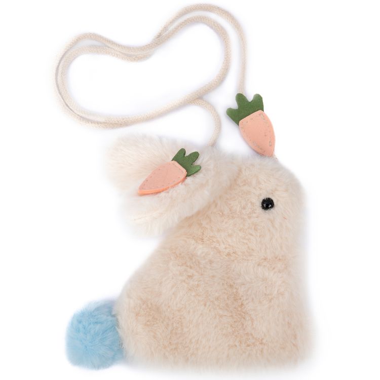 Plüsch-Handtasche in Hasenform mit Karotten-Applikationen an den Ohren und einem blauen Bommel als Schwanz, auf weißem Hintergrund.