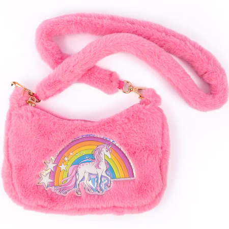 Einhorn Handtasche Rosa Plüsch Tasche Rosalie Regenbogenherz für Kinder Geschenkidee Geburtstag Kostüm-Zubehör Fasching Karneval Mottoparty Pinke Plüsch-Handtasche mit Regenbogen- und Einhornmotiv sowie breitem, weichem Schulterriemen, auf weißem Hintergrund.