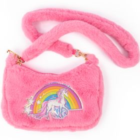 Pinke Plüsch-Handtasche mit Regenbogen- und Einhornmotiv sowie breitem, weichem Schulterriemen, auf weißem Hintergrund.