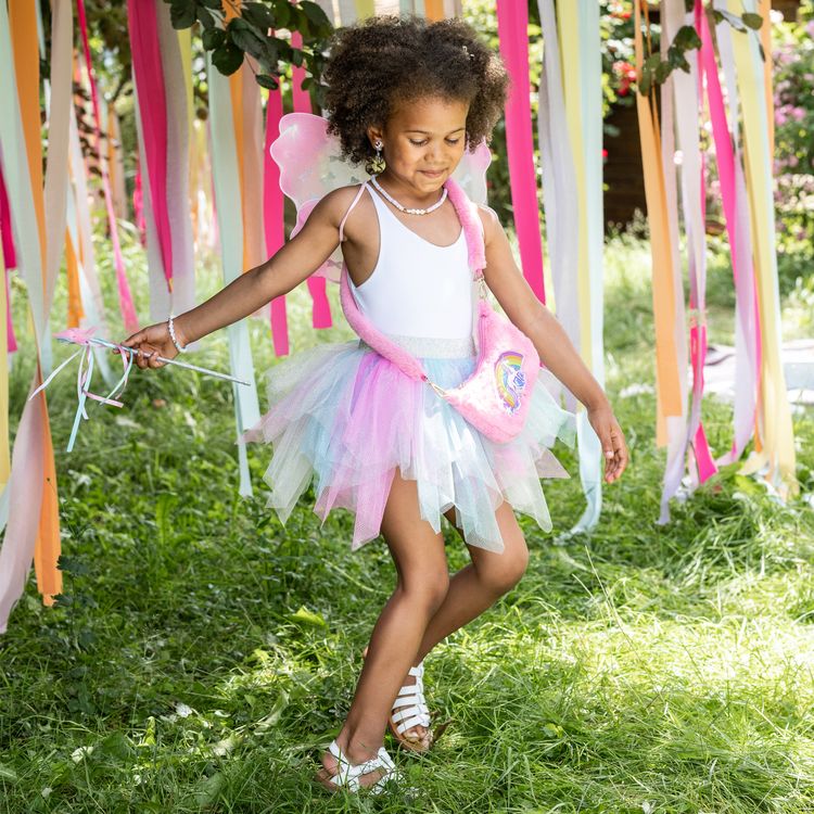 Einhorn Handtasche Rosa Plüsch Tasche Rosalie Regenbogenherz für Kinder Pinke Plüsch-Handtasche mit Regenbogen- und Einhornmotiv sowie breitem, weichem Schulterriemen, auf weißem Hintergrund.