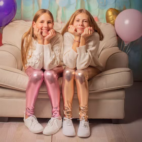 Leggings Rosa Metallic Fee Prinzessin Kostüm-Zubehör für Kinder 3-8 Jahre Kostüm-Zubehör Fasching Karneval Mottoparty Geburtstag Kinderfasching Zwei Mädchen sitzen auf einem Sofa, tragen pinke und goldene Glanzleggings mit weißen Sneakers und lächeln in die Kamera.