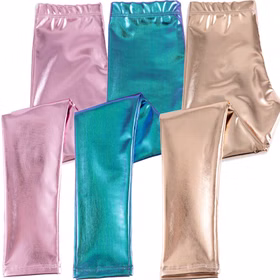 Leggings Rosa Metallic Fee Prinzessin Kostüm-Zubehör für Kinder 3-8 Jahre Kostüm-Zubehör Fasching Karneval Mottoparty Geburtstag Kinderfasching Drei glänzende Kinderleggings in Metallicfarben – Rosa, Blau und Gold – nebeneinander ausgelegt.