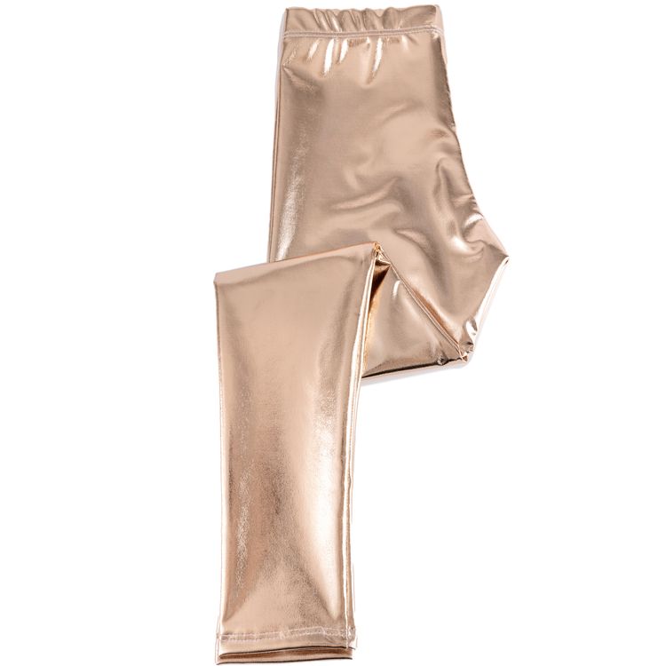 Produktaufnahme goldene Leggings – Eine glänzende goldfarbene Kinderleggings aus Metallic-Stoff, sorgfältig gefaltet präsentiert.