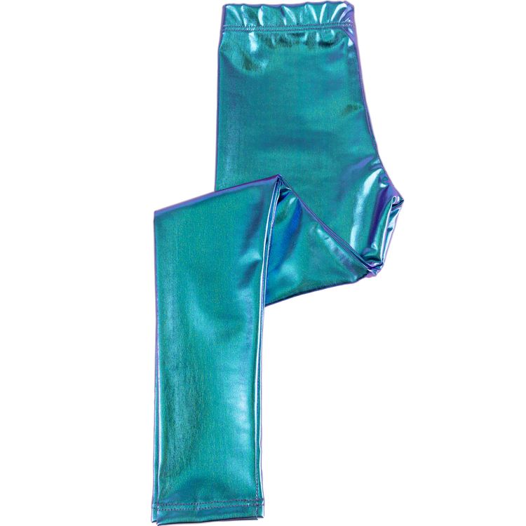 Eine glänzende Blau Metallic Kinderleggings liegt einzeln gefaltet auf weißem Hintergrund.