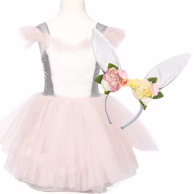 Vorderansicht des Kinderkostüms Osterhase Flocke mit rosa Tüllkleid und weißem Oberteil, daneben Haarreif mit Hasenohren und Blumen.