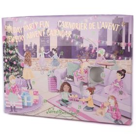 Adventskalender mit geöffnetem Türchen, davor die enthaltenen Schmuckteile dekorativ angeordnet.