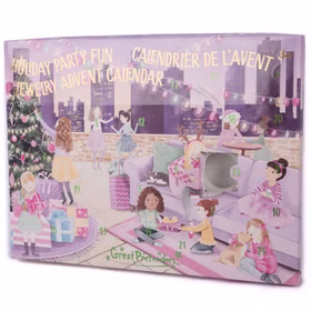 Gerade Vorderansicht des Adventskalenders mit lila Hintergrund, geschmücktem Weihnachtsbaum und spielenden Kindern.