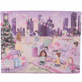Vorderseite des Adventskalenders mit weihnachtlicher Party-Szene, Mädchen tanzen, spielen und packen Geschenke aus.
