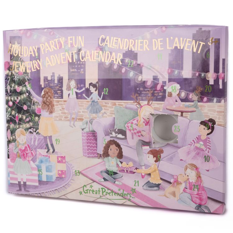 Schmuck Adventskalender Armband & Kette 22 Anhänger Weihnachts-Party für Kinder Adventskalender mit geöffnetem Türchen, davor die enthaltenen Schmuckteile dekorativ angeordnet.