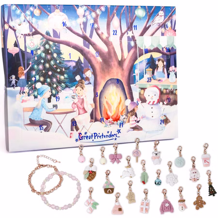 Schmuck Adventskalender 2 Armbänder & 22 Anhänger Cozy Christmas für Kinder Dezember Adventszeit Kalender für Kinder Weihnachten Adventskalender mit Wintermotiv und 24 Türchen, darunter Armbänder und Charms sichtbar.