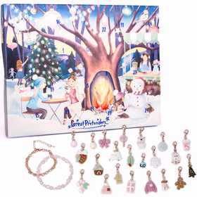 Adventskalender mit Wintermotiv und 24 Türchen, darunter Armbänder und Charms sichtbar.