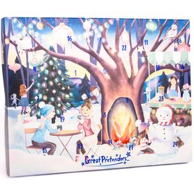 Adventskalender mit Wintermotiv und 24 Türchen, darunter Armbänder und Charms sichtbar.
