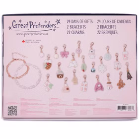 Rückseite des Adventskalenders mit Übersicht der 2 Armbänder und 22 Charms.