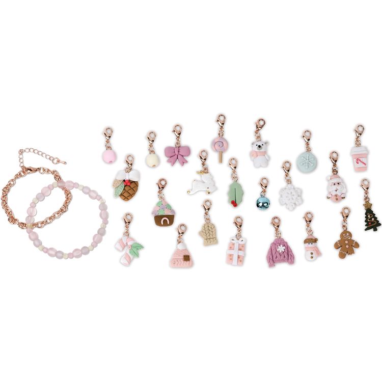 Schmuck Adventskalender 2 Armbänder & 22 Anhänger Cozy Christmas für Kinder Adventskalender mit Wintermotiv und 24 Türchen, darunter Armbänder und Charms sichtbar.
