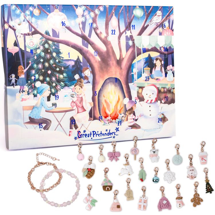 Adventskalender mit Wintermotiv und 24 Türchen, darunter Armbänder und Charms sichtbar.