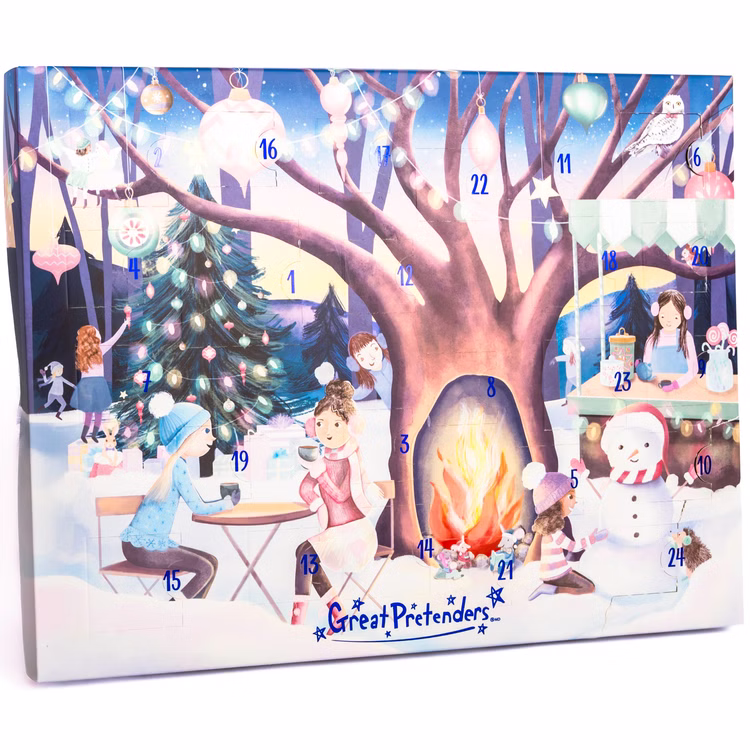 Schmuck Adventskalender 2 Armbänder & 22 Anhänger Cozy Christmas für Kinder Dezember Adventszeit Kalender für Kinder Weihnachten Adventskalender „Great Pretenders“ mit winterlicher Illustration, verschlossene Türchen.
