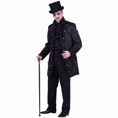 Gothic Kostüm Halloween Vampirlord Herr der Finsternis für Herren Gr. M-XXL Gothic-Jacke Uniform viktorianischer Mantel Fasching Karneval Mottoparty Ein Mann im schwarzen Vampir-Mantel und Zylinder steht mit Gehstock und gruseligem Gesichtsausdruck.