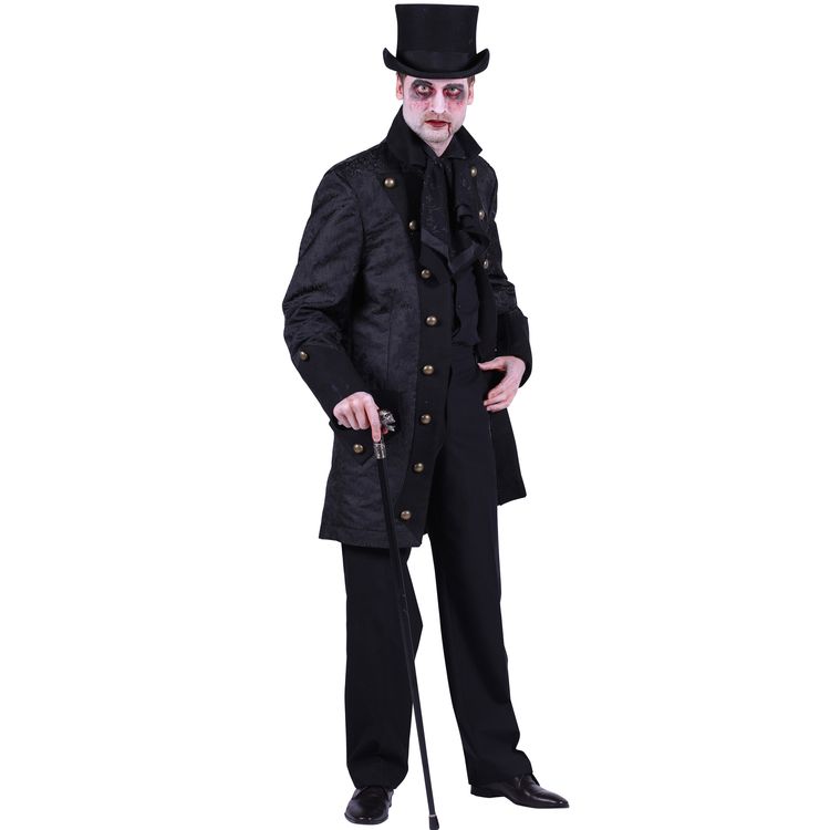 Gothic Kostüm Halloween Vampirlord Herr der Finsternis für Herren Ein Mann im schwarzen Vampir-Mantel und Zylinder steht mit Gehstock und gruseligem Gesichtsausdruck.
