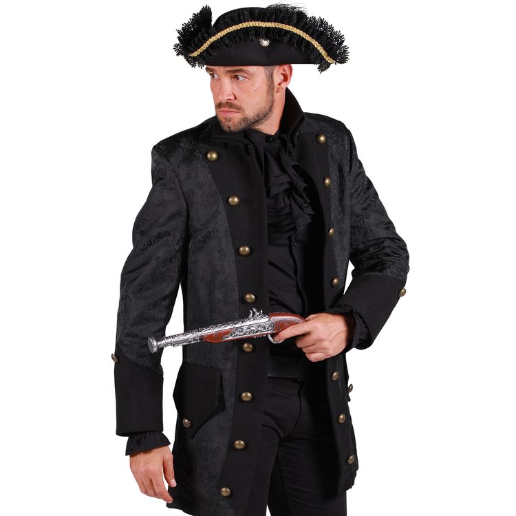 Gothic Kostüm Halloween Vampirlord Herr der Finsternis für Herren Ein Mann im schwarzen Vampir-Mantel und Zylinder steht mit Gehstock und gruseligem Gesichtsausdruck.