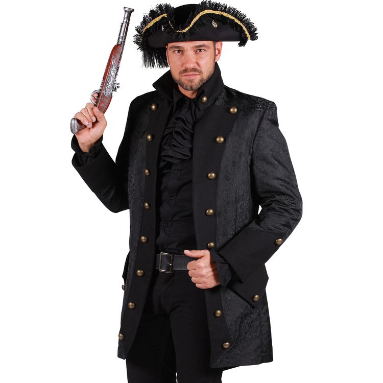 Gothic Kostüm Halloween Vampirlord Herr der Finsternis für Herren Ein Mann im schwarzen Vampir-Mantel und Zylinder steht mit Gehstock und gruseligem Gesichtsausdruck.