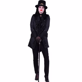 Gothic Kostüm Halloween Vampirlady Gräfin der Finsternis für Damen Gr. S-XL Jacke im Brokatstil Pirat Fasching Karneval Mottoparty Paarkostüm Frau in schwarzer Gothic-Jacke mit Zylinder, gerade stehend mit Gehstock, roter Schmuck am Hals sichtbar.