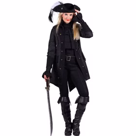 Gothic Kostüm Halloween Vampirlady Gräfin der Finsternis für Damen Gr. S-XL Jacke im Brokatstil Pirat Fasching Karneval Mottoparty Paarkostüm Frau in schwarzer Gothic-Jacke als Piratin mit Dreispitz und Schwert, lächelnd in Pose.