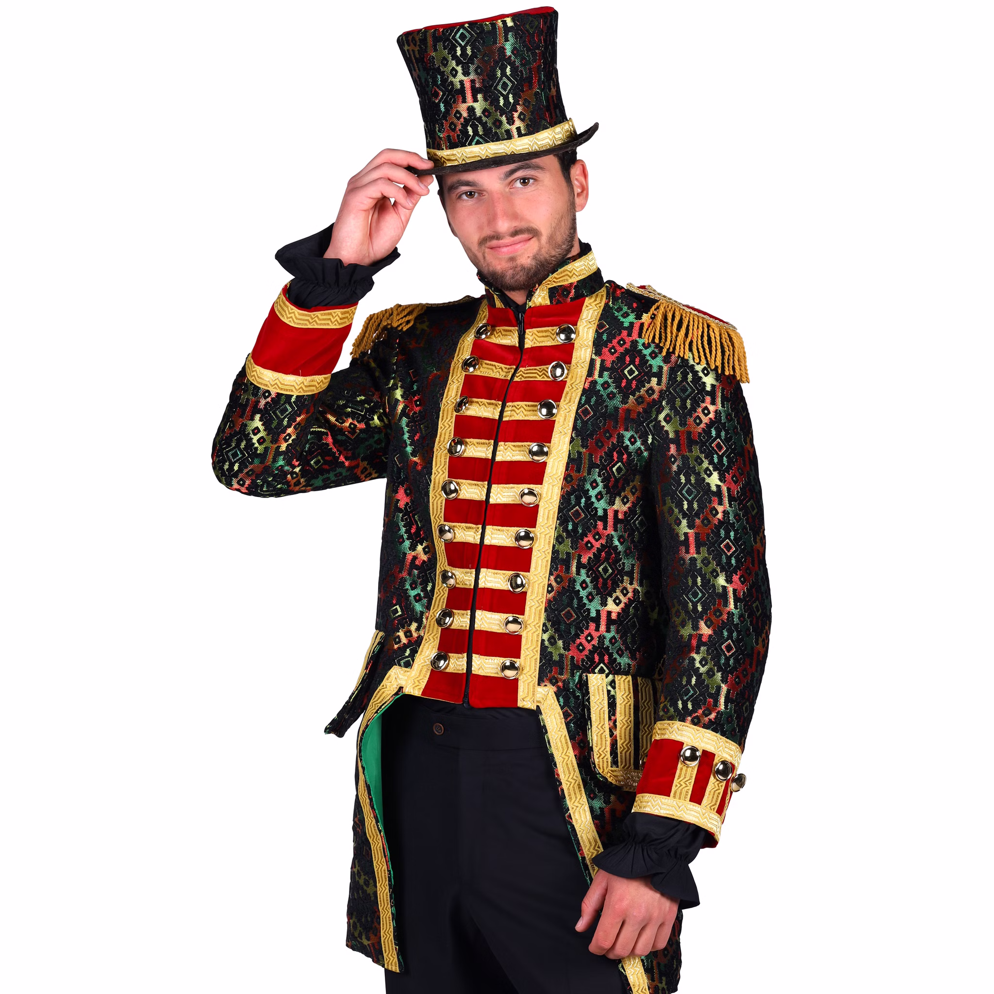 Garde Jacke Hologram Bunt Mr. Karneval Showman für Herren Gr. M-XXL Frack Garde-Uniform Fasching Karneval Mottoparty Ein Mann posiert mit bunter Garde Jacke und Zylinderhut, hebt die Hand leicht an den Hutrand.