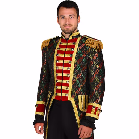Garde Jacke Hologram Bunt Mr. Karneval Showman für Herren Gr. M-XXL Frack Garde-Uniform Fasching Karneval Mottoparty Ein Mann steht in bunter Garde Jacke mit goldenen Details und roten Elementen, ohne Hut, und blickt in die Kamera.