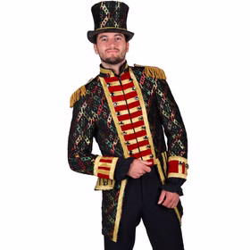 Garde Jacke Hologram Bunt Mr. Karneval Showman für Herren Gr. M-XXL Frack Garde-Uniform Fasching Karneval Mottoparty Ein Mann trägt eine bunte Garde Jacke mit goldenen Schulterfransen, roter Knopfleiste und passendem Zylinderhut.