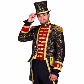 Garde Jacke Hologram Bunt Mr. Karneval Showman für Herren Gr. M-XXL Frack Garde-Uniform Fasching Karneval Mottoparty Ein Mann posiert mit bunter Garde Jacke und Zylinderhut, hebt die Hand leicht an den Hutrand.