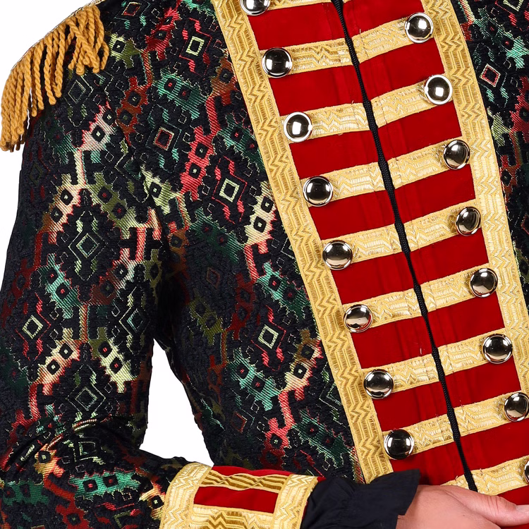 Garde Jacke Hologram Bunt Mr. Karneval Showman für Herren Gr. M-XXL Frack Garde-Uniform Fasching Karneval Mottoparty Nahaufnahme der Jacke – detailliertes holografisches Muster in Rot, Grün und Schwarz mit goldenen Knöpfen und Bordüren.