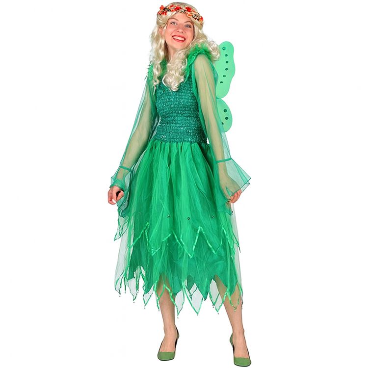 Frau im grünen Feekostüm-Kleid mit grünen Flügeln und Blumenband im Haar von Vorne.