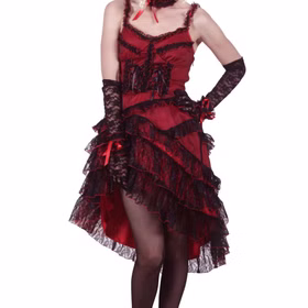 Steampunk Kostüm Western Saloon Lady Burlesque Senta für Damen Gr. S-L Fasching Karneval Mottoparty Nahaufnahme des roten Kleids mit schwarzen Spitzenvolants, roten Satinbändern und Schnürung auf der Vorderseite.